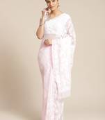 Ada Handmade Pink Faux Georgette Lucknowi Chikankari Indian Women Saree With Blouse - A130086
