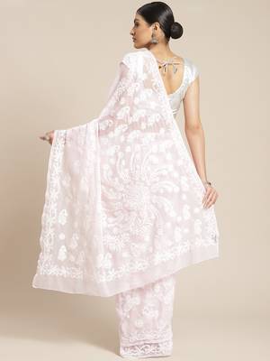 Ada Handmade Pink Faux Georgette Lucknowi Chikankari Indian Women Saree With Blouse - A130086 2