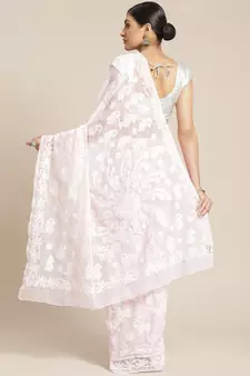 Ada Handmade Pink Faux Georgette Lucknowi Chikankari Indian Women Saree With Blouse - A130086