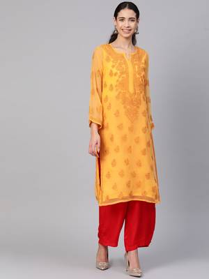 Ada Hand Embroidered Mustard Faux Georgette Lucknowi Chikankari Kurti With Slip 1