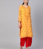 Ada Hand Embroidered Mustard Faux Georgette Lucknowi Chikankari Kurti With Slip