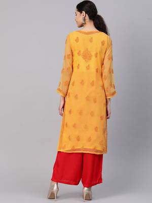 Ada Hand Embroidered Mustard Faux Georgette Lucknowi Chikankari Kurti With Slip 2