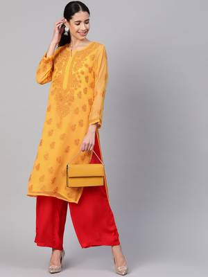 Ada Hand Embroidered Mustard Faux Georgette Lucknowi Chikankari Kurti With Slip 3