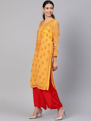 Ada Hand Embroidered Mustard Faux Georgette Lucknowi Chikankari Kurti With Slip 4