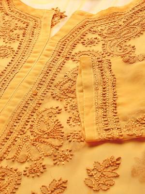 Ada Hand Embroidered Mustard Faux Georgette Lucknowi Chikankari Kurti With Slip 5