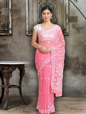 Ada Hand Embroidered Pink Faux Georgette Lucknowi Chikankari Saree With Blouse - A219455 1