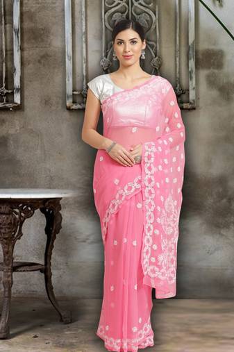 Ada Hand Embroidered Pink Faux Georgette Lucknowi Chikankari Saree With Blouse - A219455
