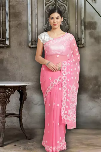 Ada Hand Embroidered Pink Faux Georgette Lucknowi Chikankari Saree With Blouse - A219455