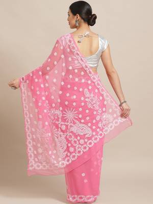 Ada Hand Embroidered Pink Faux Georgette Lucknowi Chikankari Saree With Blouse - A219455 2