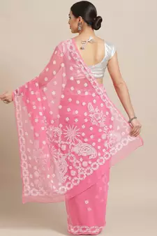 Ada Hand Embroidered Pink Faux Georgette Lucknowi Chikankari Saree With Blouse - A219455