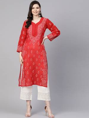 Ada Hand Embroidered Red Cotton Lucknowi Chikankari Women Kurta - A236279 1