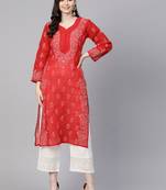 Ada Hand Embroidered Red Cotton Lucknowi Chikankari Women Kurta - A236279