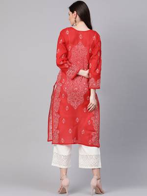 Ada Hand Embroidered Red Cotton Lucknowi Chikankari Women Kurta - A236279 2