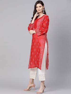 Ada Hand Embroidered Red Cotton Lucknowi Chikankari Women Kurta - A236279 3