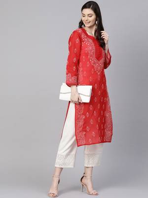 Ada Hand Embroidered Red Cotton Lucknowi Chikankari Women Kurta - A236279 4