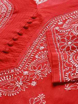 Ada Hand Embroidered Red Cotton Lucknowi Chikankari Women Kurta - A236279 5