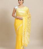 Hand Crafted Yellow Georgette Lucknowi Chikankari Indian Women Saree With Blouse