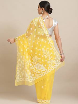 Hand Crafted Yellow Georgette Lucknowi Chikankari Indian Women Saree With Blouse 2