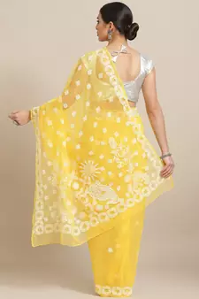 Hand Crafted Yellow Georgette Lucknowi Chikankari Indian Women Saree With Blouse