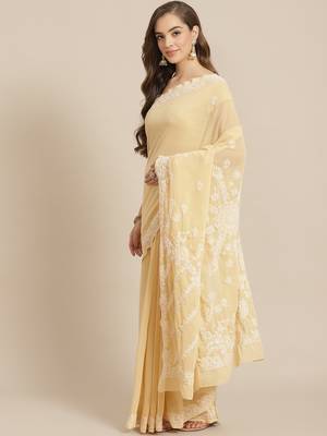 Ada Hand Crafted Lemon Georgette Lucknowi Chikankari Indian Women Saree With Blouse -  A183608 1
