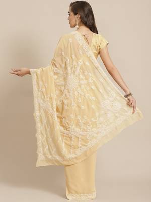 Ada Hand Crafted Lemon Georgette Lucknowi Chikankari Indian Women Saree With Blouse -  A183608 2