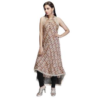 Brown printed satin long-kurtis 1