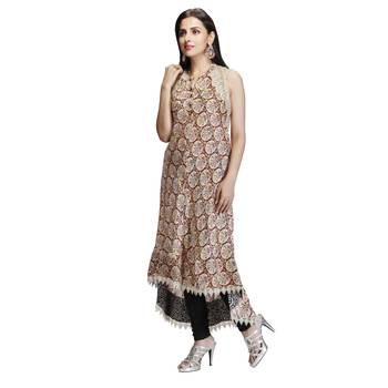 Brown printed satin long-kurtis 3