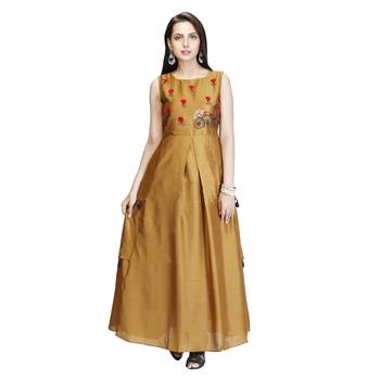 Mustard embroidered cotton long-kurtis 1