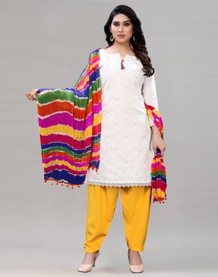 White and Yellow  Cotton Embriodered  Unstiched Dress materials with Dupatta. 1