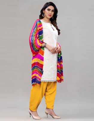 White and Yellow  Cotton Embriodered  Unstiched Dress materials with Dupatta. 2