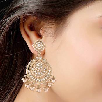 Designed Traditional Chandbali Earrings Glided With Kundans & Pearls  5