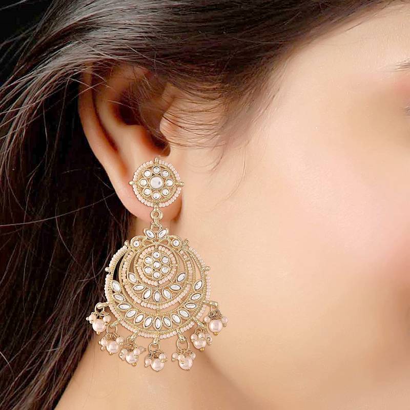Designed Traditional Chandbali Earrings Glided With Kundans & Pearls 