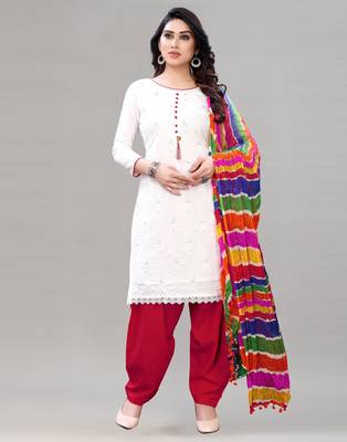 White and Red Cotton Embriodered Unstiched Dress Materials With Multicolour Dupatta. 1
