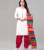 White and Red Cotton Embriodered Unstiched Dress Materials With Multicolour Dupatta.