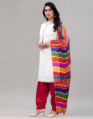 White and Red Cotton Embriodered Unstiched Dress Materials With Multicolour Dupatta. 2