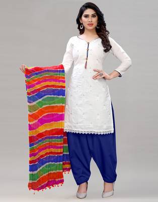 White and Blue Cotton Embriodered Unstiched dress materilas with multicolour dupatta. 1