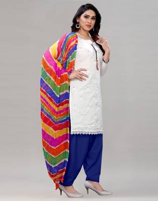 White and Blue Cotton Embriodered Unstiched dress materilas with multicolour dupatta. 2