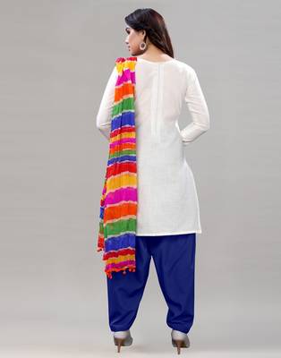 White and Blue Cotton Embriodered Unstiched dress materilas with multicolour dupatta. 3