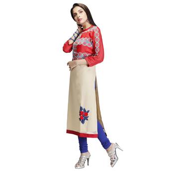 Red embroidered art silk long-kurtis 3