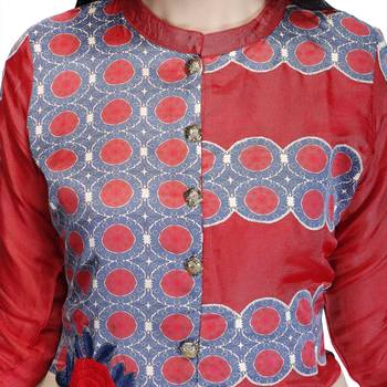 Red embroidered art silk long-kurtis 5