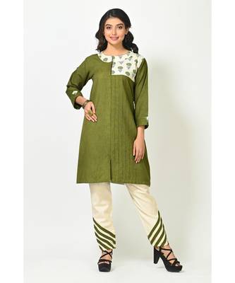 Asparagus Green Silk Cotton Printed Quarter Sleeves Womens Straight Pant Set 1