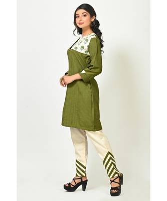 Asparagus Green Silk Cotton Printed Quarter Sleeves Womens Straight Pant Set 2