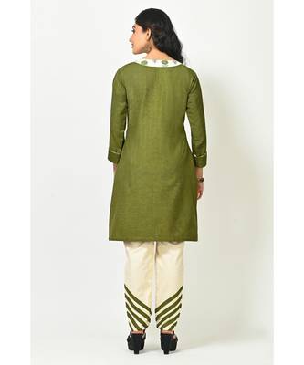 Asparagus Green Silk Cotton Printed Quarter Sleeves Womens Straight Pant Set 3