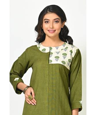 Asparagus Green Silk Cotton Printed Quarter Sleeves Womens Straight Pant Set 4