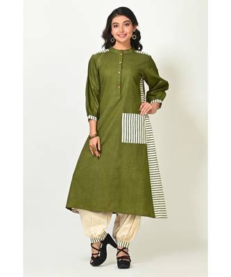 Asparagus Green Silk Cotton Printed Quarter Sleeves Womens Dhoti Set 1