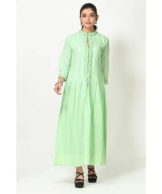 Pista Green Cotton Solid Full Sleeves Womens Gown 1