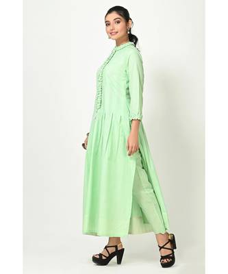 Pista Green Cotton Solid Full Sleeves Womens Gown 2