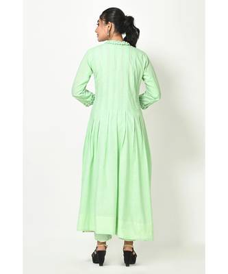Pista Green Cotton Solid Full Sleeves Womens Gown 3