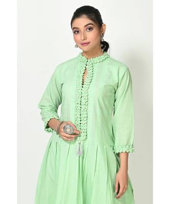 Pista Green Cotton Solid Full Sleeves Womens Gown 4