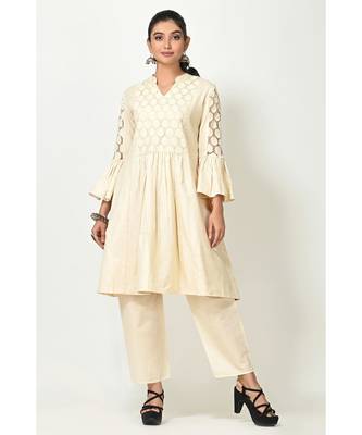 Cream Cotton Lace Work Bell Sleeves Womens Palazzo Set 1